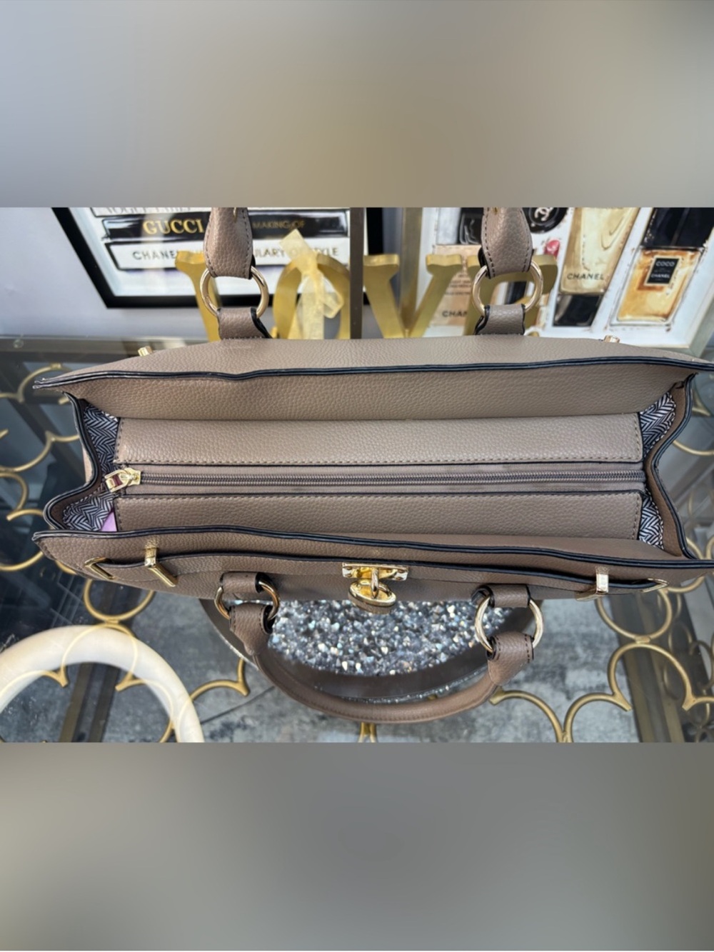 Structured Taupe Satchel with Gold Lock Detail - Picture 4 of 9